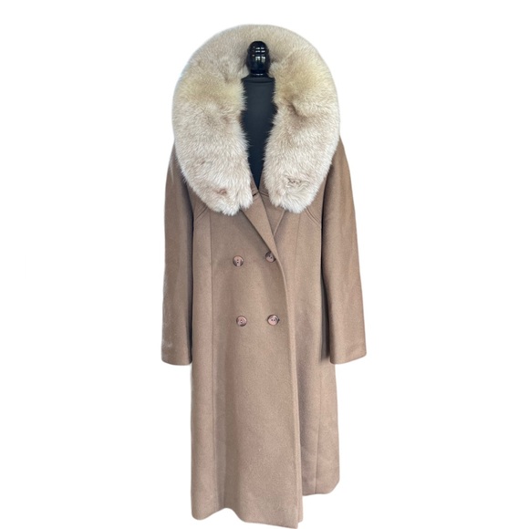 100% Wool Camel Mid-Length Trench Coat Vintage 60’s Blue Fox Collar Medium Vntg - Picture 1 of 16